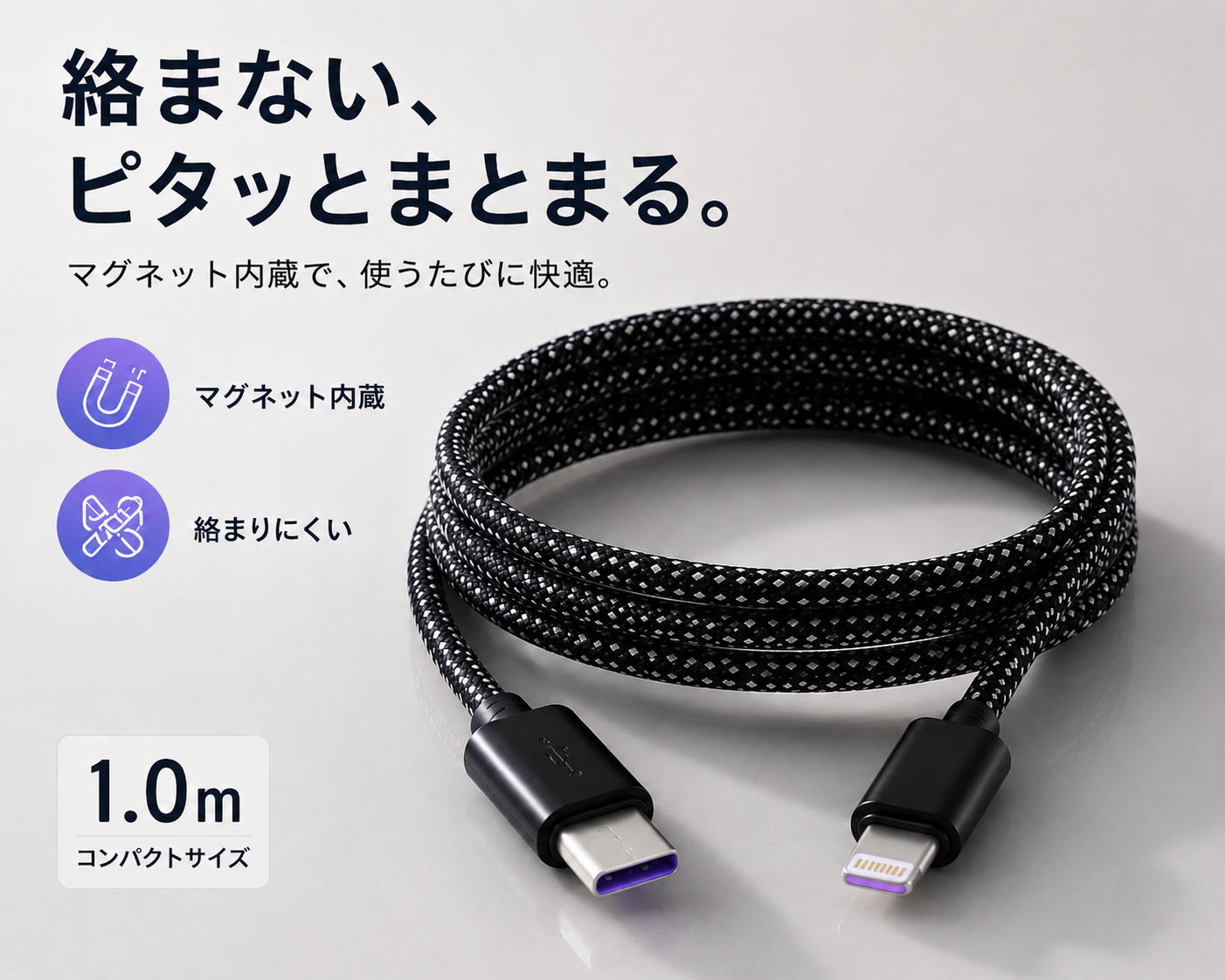 絡まないマグネット充電ケーブル